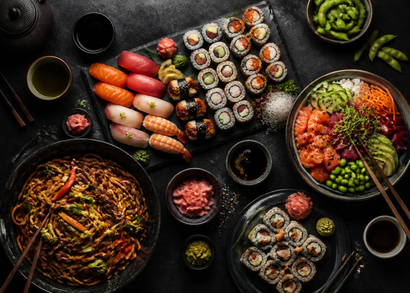 Sushibricka, poké bowl och wokade nudlar på mörkt bord